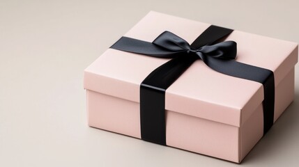 A stylish gift box with a black ribbon, elegantly presented against a neutral background, perfect for any occasion.