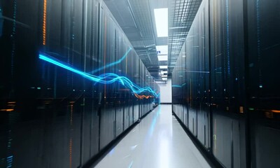 Data center storage in blue and orange. Cloud computer system internet infrastructure space, cyber security, telecom cluster - Powered by Adobe