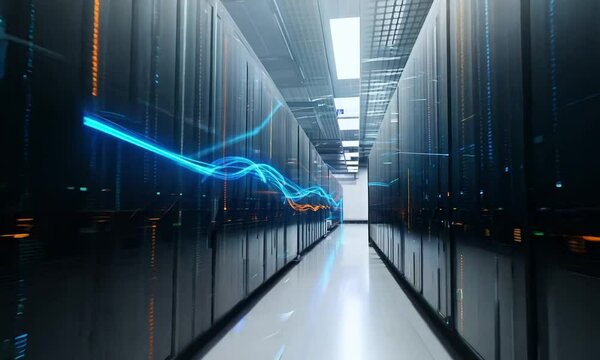 Data center storage in blue and orange. Cloud computer system internet infrastructure space, cyber security, telecom cluster