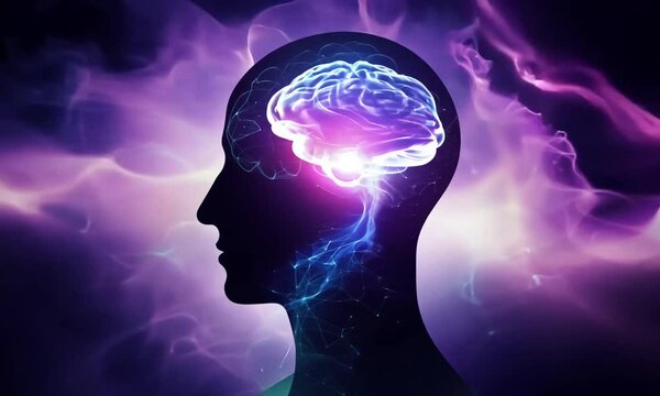Cosmic profile silhouette with dynamic brain and heart against the background of swirling nebulae, connected by abstract astral patterns.