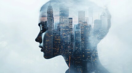 Double exposure of a city skyline and a human face, urban elements merging with personal identity