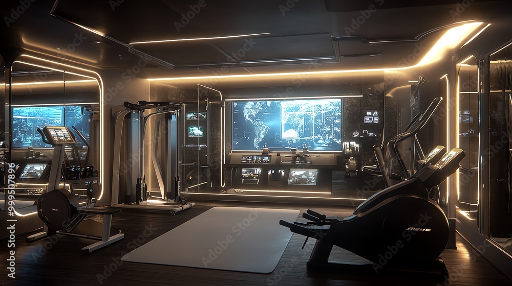 Poster Futuristic gym with exercise machines, large screen displaying data, and a modern interior design.