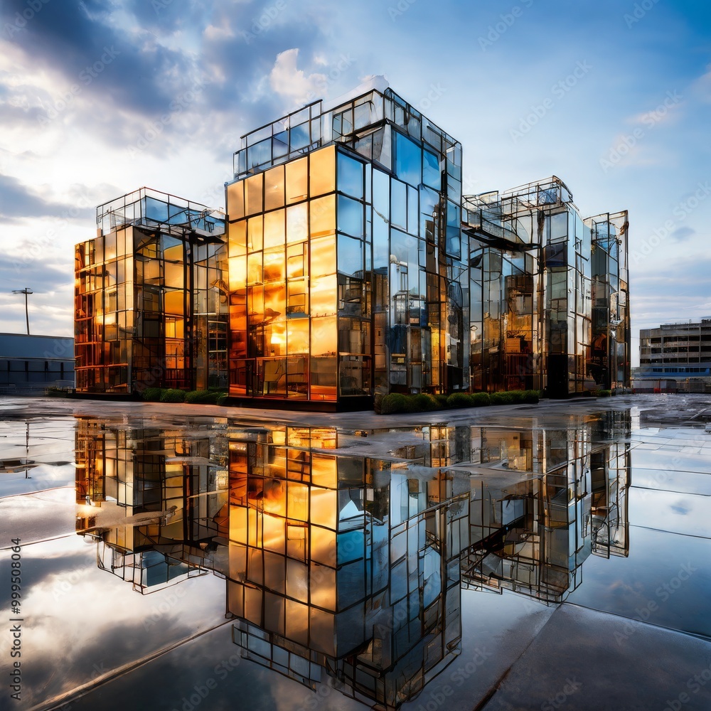 Poster stunning architectural structures with reflective glass surfaces bathed in the golden light of a sun