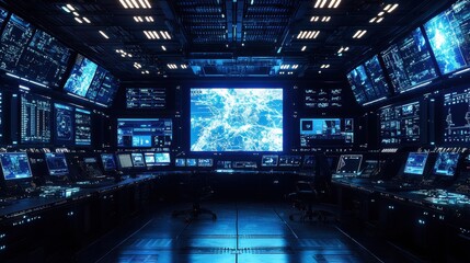 A high-tech military command center with digital screens displaying tactical maps, troop movements, and satellite feeds