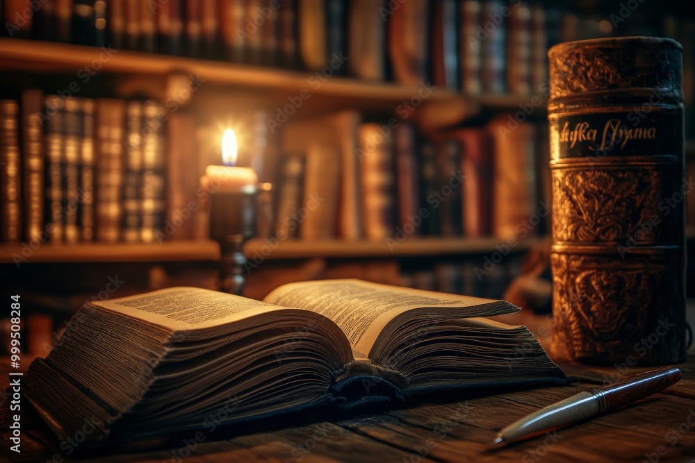 Poster open book on a wooden table in a library setting