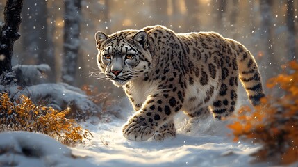 Obraz premium A majestic snow leopard walks through a snowy forest, its fur blending with the white landscape.