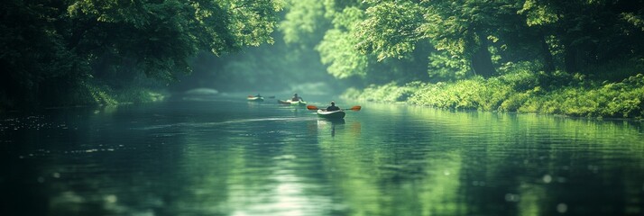 Serene River Journey, gentle currents guide colorful kayaks through lush, blurred greenery, inviting adventure and tranquility along the winding banks