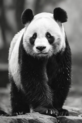 A black and white photo of a panda bear standing on a rock