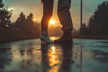A photograph of an American soldier holding the hand and feet of his wife, who is wearing high heels and standing on asphalt with houses in the background. Created with Ai