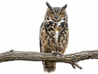 Naklejka premium Great Horned Owl Perched on a Branch Isolated On White