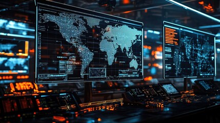 A high-tech military command center with digital screens displaying tactical maps, troop movements, and satellite feeds