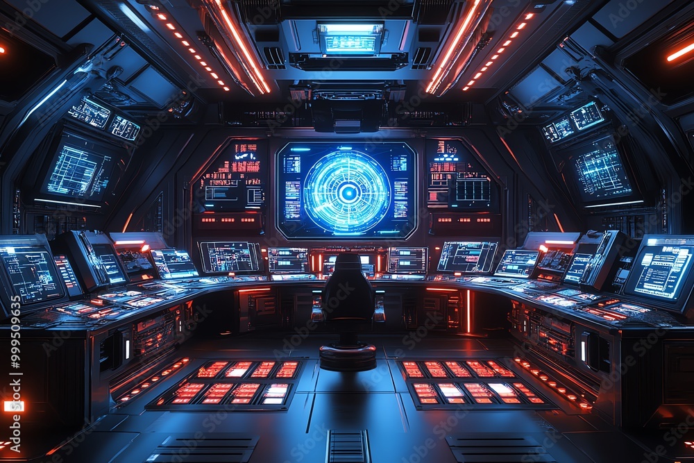 Poster Futuristic spaceship control room with a large blue monitor displaying data, surrounded by consoles and red lighting.
