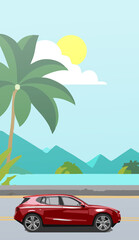 vertical web banner illustration of a car traveling on the road with a tropical landscape in the background