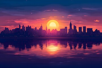 Fototapeta premium Silhouetted cityscape at sunset with a vibrant sky.