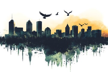 Obraz premium Silhouettes of tall buildings in a city skyline, with birds flying above.