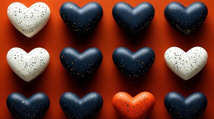 Obraz premium Heart-shaped chocolates arranged on a red-white table top
