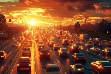 A photo of cars driving on the highway at sunset, with city buildings in the background. The sky is painted orange and yellow in the style of the setting sun. Created with Ai