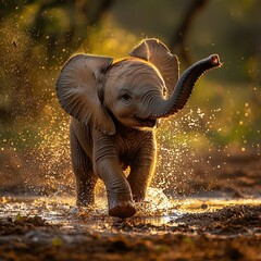   A baby elephant splashes in a river, its trunk lifted high