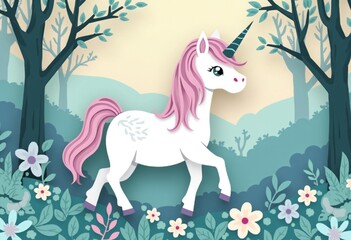 Charming Unicorn in Enchanted Forest Paper Cut Illustration for Nursery Decor