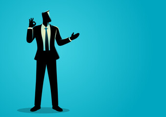 Confident businessman posing with an okay sign in his right hand while presenting with his left. Ideal for business presentations, corporate websites, marketing materials, or promotional content