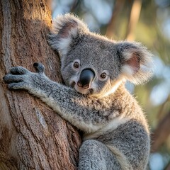 Naklejka premium A photo of a koala in focus on a tree limb, holding onto it with its paws