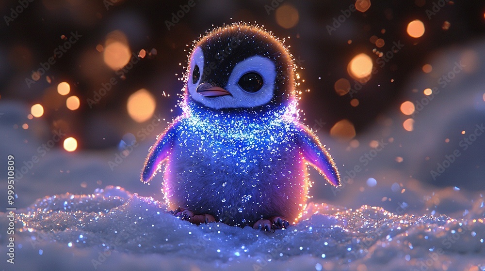 Poster a close-up photo of a tiny penguin in snowy surroundings, surrounded by a hazy backdrop of light and