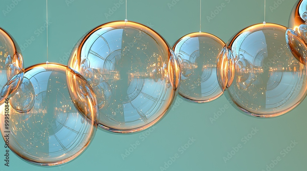 Poster a cluster of spherical items dangling from a strand of illuminations that is supported from a room's