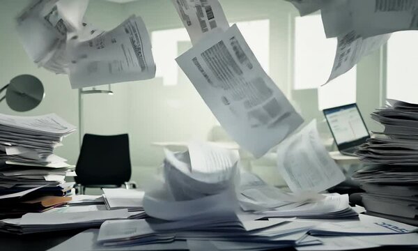 Stacks of documents fly around in a messy business office workspace