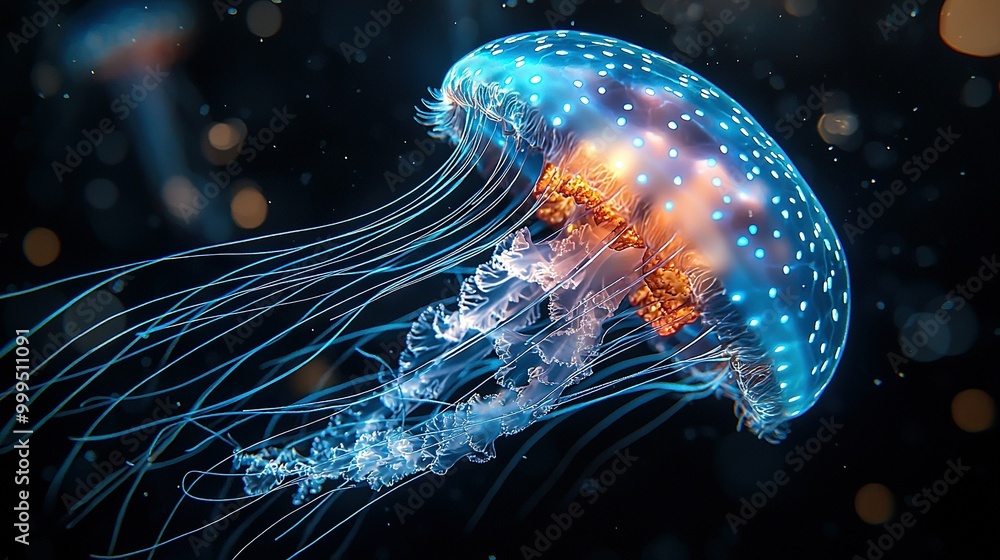 Poster a close-up of a jellyfish on a dark background with a clearer image of its head