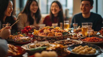 Fototapeta premium Gathering of friends enjoying a vibrant feast with various dishes and drinks during an evening meal