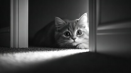  A grayscale image depicts a feline emerging from a doorway, gaze fixed upon the lens with a melancholic expression