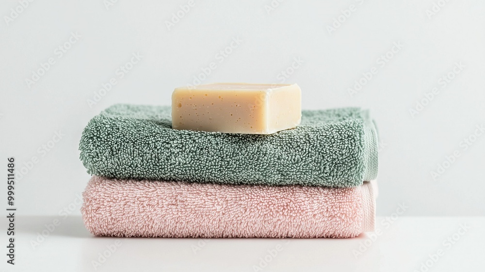 Poster three towels are neatly stacked atop each other, topped by a bar of soap resting on one of the folde