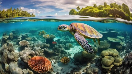 Sea Turtle Swimming Through a Coral Reef