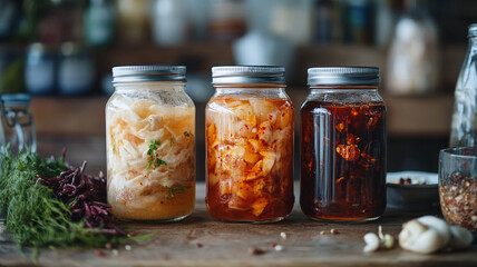 Colorful jars of homemade fermented vegetables displayed on a rustic wooden table in a kitchen