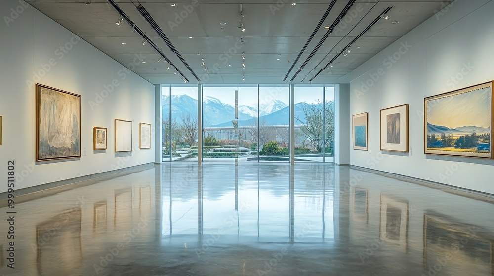 Poster interior of a modern art gallery with large windows, displaying abstract paintings and a view of sno