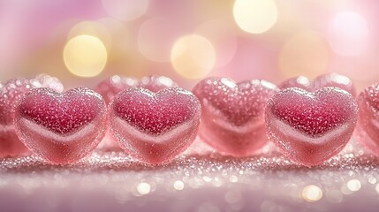   A row of pink heart-shaped candies on a pink and white tablecloth, illuminated by a bokeh of lights in the background