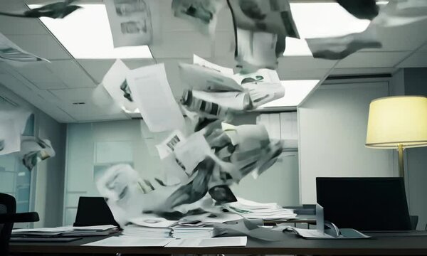 Stacks of documents fly around in a messy business office workspace