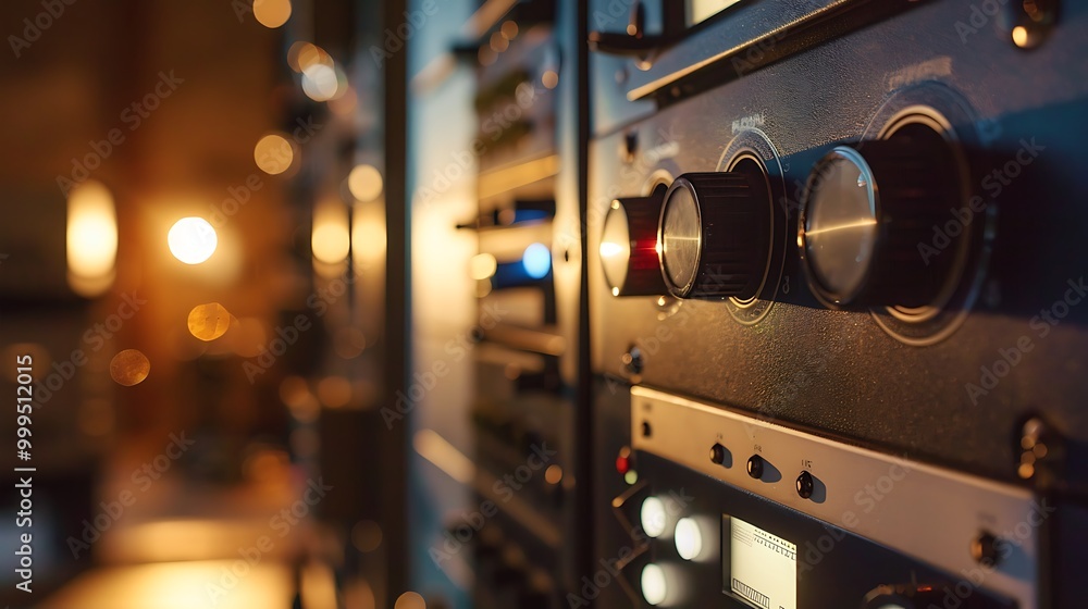 Poster close-up shot of an audio mixer with its knobs in focus. the image highlights the control and techni