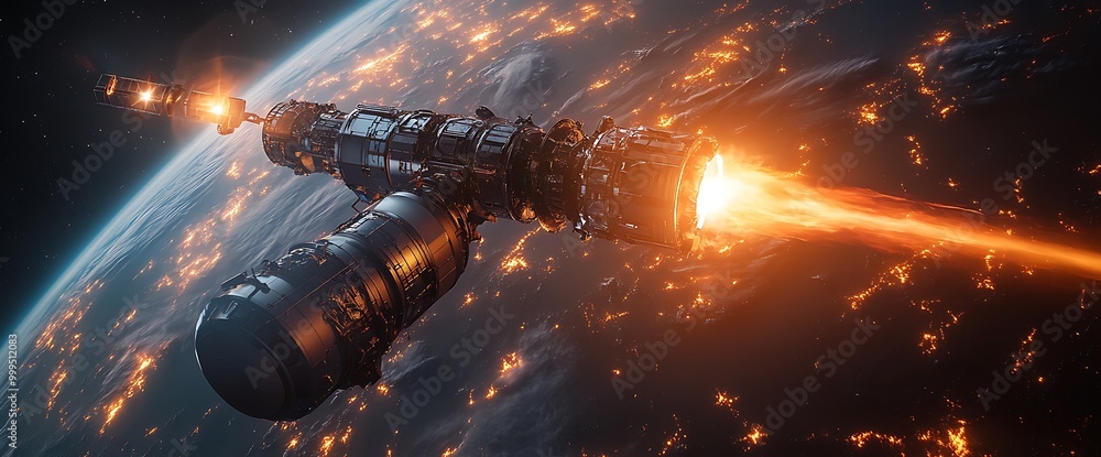 Poster a spaceship with burning engine in space.
