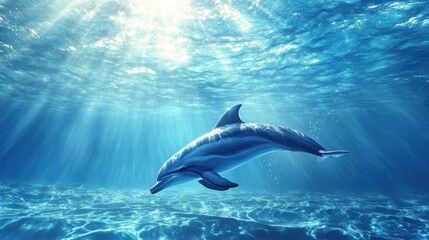 Fototapeta premium Dolphin Swimming Underwater with Sunbeams