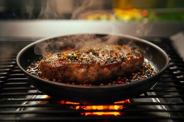 Fototapeta premium thick flame-grilled meat steak with garnish, grilled on a pan 