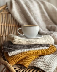A pile of cozy knitted things and coffee - autumn vibes.