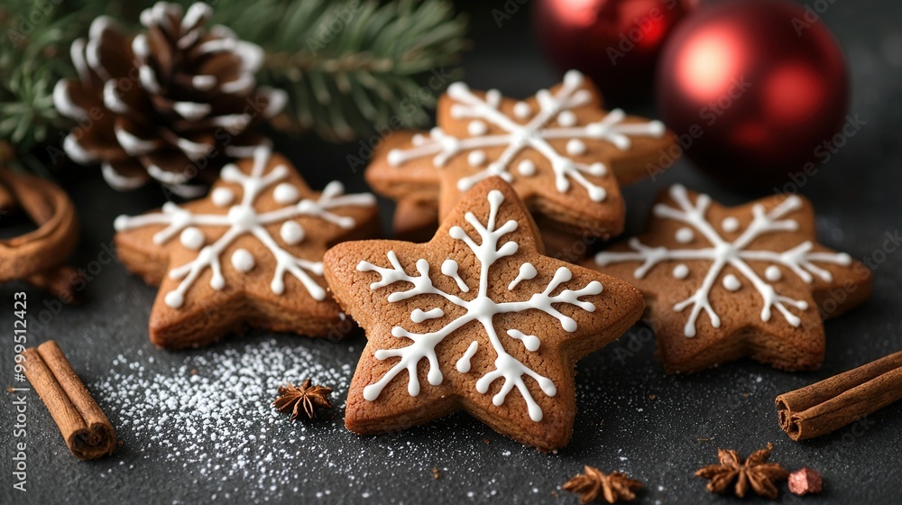 Poster a group of cookies adorned with white frosting sits on a table beside cinnamon sticks and a festive 
