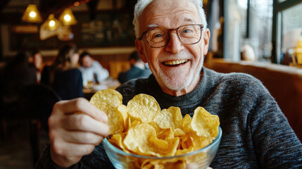 A happy white-haired man with glasses eats potato chips from a glass bowl in a cafe. An elderly man is smiling and holding a plate of crispy chips in his hands. The scene is happy