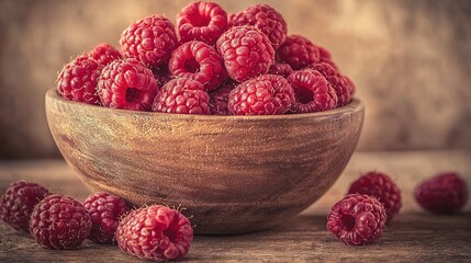   A wooden bowl brimming with red raspberries rests atop a table alongside a mound of smaller,...