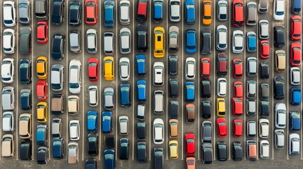 An aerial view of a crowded parking lot with cars neatly lined up, demonstrating patterns and organization in public parking areas