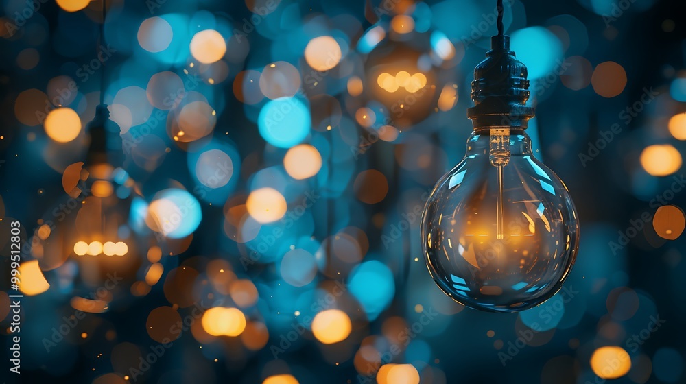 Poster illuminated light bulb with a warm glow in the foreground, against a background of blue bokeh lights