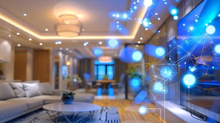 Modern living room interior with network connection overlay for representing smart home concept digital technology integration and connected living environment innovation concept.