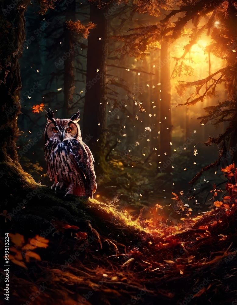Poster a wise owl perches on a mossy log in an enchanting forest bathed in warm, golden light. the setting 