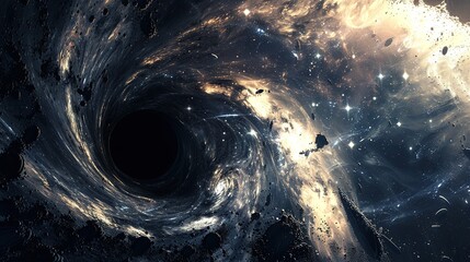 A Massive Black Hole at the Center of a Swirling Galaxy, Pulling Stars and Cosmic Debris into Its Gravitational Abyss. Destruction, the End of Worlds, Vastness, Impending Doom.